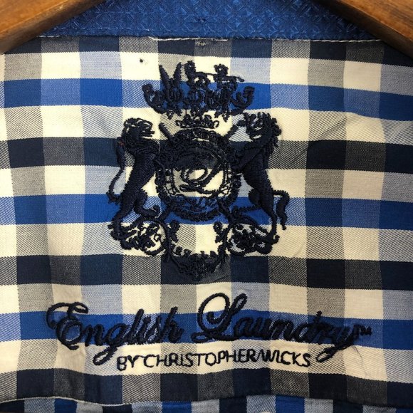 English Laundry Men's Size 16.5 (34/35) Blue White Checkered Button Down Shirt - Picture 9 of 11